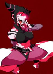 Rule 34 | 1girl, abs, bad id, bad pixiv id, baggy pants, barefoot, belt, black hair, breasts, chinese clothes, covered erect nipples, drill hair, dudou, fellatio gesture, fingerless gloves, gloves, glowing, glowing eye, halterneck, han juri, large breasts, leggings, marimo (yousei ranbu), midriff, naughty face, open mouth, oral invitation, pants, pantyhose, penetration gesture, purple eyes, purple pantyhose, red background, short hair, sideboob, sidelocks, solo, spread legs, squatting, street fighter, toeless legwear, toes, tongue, tongue out, twin drills