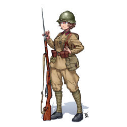 Rule 34 | 1girl, absurdres, ammunition pouch, bayonet, belt, blush, bolt action, brown hair, closed mouth, collar tabs, full body, gun, gun sling, helmet, highres, holding, holding weapon, leg wrap, long sleeves, military, military rank insignia, military uniform, mosin-nagant, original, ostwindprojekt, pants, pants tucked in, pouch, puttee, rifle, short hair, simple background, smile, soldier, solo, soviet, soviet army, standing, uniform, weapon, white background, world war ii