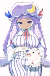 Rule 34 | 1girl, anger vein, annoyed, blue ribbon, chinese zodiac, collared dress, commentary request, cosplay, crescent, dress, hat, hat ribbon, long hair, long sleeves, looking down, on lap, patchouli knowledge, patchouli knowledge (cosplay), pig, purple eyes, purple hair, red neckwear, red ribbon, ribbon, shaded face, shirt, sitting, striped, tail, tail wagging, tani takeshi, touhou, vertical stripes, very long hair, white background, wide sleeves, year of the pig