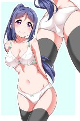 Rule 34 | 1girl, arms behind back, ass, black thighhighs, blush, bra, breasts, cleavage, collarbone, commentary request, cowboy shot, from below, highres, long hair, looking at viewer, love live!, love live! sunshine!!, matsuura kanan, medium breasts, multiple views, navel, panties, ponytail, purple eyes, sidelocks, smile, stomach, thighhighs, underwear, underwear only, white bra, white panties, yopparai oni