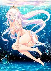 Rule 34 | 108 gou, 1girl, air bubble, aqua eyes, barefoot, blush, breasts, bright pupils, bubble, convenient censoring, floating hair, freediving, full body, hair between eyes, hair censor, hair over breasts, hand to own mouth, highres, large breasts, long hair, looking at viewer, nude, original, parted lips, skinny dipping, solo, swimming, tiara, underwater, very long hair, water, white hair, white pupils