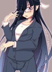 Rule 34 | 10s, 1girl, 2016, absurdres, adjusting eyewear, alternate costume, black hair, blush, collarbone, cowboy shot, dated, formal, glasses, hair over one eye, hayashimo (kancolle), highres, hime cut, kantai collection, long hair, looking at viewer, open mouth, purple background, red eyes, ru2n131, shirt, simple background, solo, very long hair, white shirt