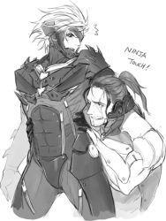 Rule 34 | 2boys, ^^^, abs, armor, bodysuit, cyborg, english text, eyepatch, facial hair, greyscale, grin, hands on another&#039;s hips, looking at another, male focus, mechanical parts, medium hair, metal gear (series), metal gear rising: revengeance, monochrome, multiple boys, muscular, nagi (siki2n), ponytail, raiden (metal gear), samuel rodrigues, scar, simple background, smile, white background, yaoi