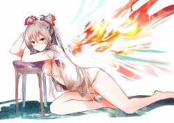 Rule 34 | 1girl, absurdres, amamitsu kousuke, bad id, bad twitter id, blush, bottomless, bow, breasts, closed mouth, fiery wings, fujiwara no mokou, hair bow, highres, long hair, looking at viewer, naked shirt, no bra, open clothes, open shirt, ponytail, red eyes, shirt, short sleeves, silver hair, small breasts, smile, solo, torn clothes, torn shirt, touhou, white bow, white shirt, wings