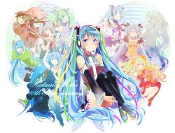 Rule 34 | 6+girls, ai kotoba ii (vocaloid), anniversary, asagao minoru, black skirt, blue eyes, blue nails, blue necktie, blush, character name, closed mouth, crossed legs, detached sleeves, floating hair, glowing, hatsune miku, hatsune miku no shoushitsu (vocaloid), headphones, headset, highres, hugging own legs, karakuri pierrot (vocaloid), knees up, long hair, looking at viewer, matryoshka (vocaloid), multiple girls, multiple persona, nail polish, necktie, odds &amp; ends (vocaloid), pleated skirt, senbon-zakura (vocaloid), shinkai shoujo (vocaloid), sitting, skirt, smile, solo focus, tareme, tears, tell your world (vocaloid), thighs, twintails, vocaloid