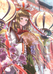 Rule 34 | 1girl, absurdres, alternate costume, architecture, blunt bangs, blurry, blurry background, blurry foreground, bokeh, bow, branch, cherry blossoms, commentary request, depth of field, east asian architecture, expressionless, flower, frilled ribbon, frills, from below, front ponytail, glint, green eyes, green hair, hair bow, hair ribbon, hand fan, highres, holding, holding fan, kagiyama hina, lantern, light blush, long hair, looking ahead, outdoors, paper lantern, parted lips, pink flower, red bow, red ribbon, ribbon, solo, sparkle, standing, totomiya, touhou, wide sleeves
