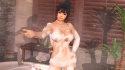 Rule 34 | 1girl, 3d, black hair, breasts, convenient censoring, dead or alive, large breasts, looking at viewer, mole, mole under mouth, navel, nude, nyotengu, official art, smile, soap, soap bubbles, soap censor, solo, standing, tecmo