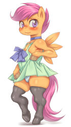 Rule 34 | blush, bow, clothes lift, dress, dress lift, hoihoi, my little pony, my little pony: friendship is magic, panties, pink hair, purple eyes, scootaloo, smile, thighhighs, underwear, white background, white panties, wings