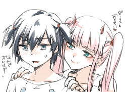 Rule 34 | 10s, 1boy, 1girl, black hair, blue eyes, blush, commentary request, couple, darling in the franxx, fringe trim, green eyes, hands on another&#039;s shoulders, herozu (xxhrd), hetero, hiro (darling in the franxx), horns, long hair, nightgown, oni horns, pajamas, pink hair, red horns, short hair, sweatdrop, translation request, twintails, white nightgown, zero two (darling in the franxx)