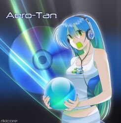 Rule 34 | 1girl, ball, bare shoulders, blue hair, blue nails, breasts, brown eyes, cd, crop top, empty eyes, english text, frutiger aero, gradient hair, green eyes, green hair, headphones, headset, highres, holding, long hair, midriff, mouth hold, multicolored hair, nail polish, navel, open mouth, orb, original, parody, rikiquendo, solo, tank top, two-tone hair, very long hair, yellow eyes