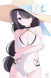 Rule 34 | 1girl, absurdres, black hair, blue archive, blue ribbon, braid, crossed arms, flower, halterneck, hat, hat flower, head tilt, highres, hinata (blue archive), hinata (swimsuit) (blue archive), light smile, looking at viewer, n2o, official alternate costume, one-piece swimsuit, red eyes, ribbon, signature, single braid, solo, sun hat, swimsuit