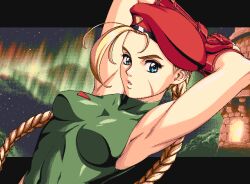 Rule 34 | 1girl, ahoge, arms up, aurora, beret, blonde hair, blue eyes, braid, breasts, cammy white, commentary, english commentary, facial scar, fingerless gloves, gloves, green leotard, hat, huge ahoge, leotard, letterboxed, long hair, looking at viewer, medium breasts, night, night sky, outdoors, outside border, pc-98 (style), red gloves, red hat, scar, scar on cheek, scar on face, sirknightbot, sky, solo, star (sky), street fighter, twin braids, upper body