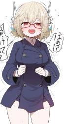 Rule 34 | 1girl, :d, blonde hair, blush, breasts, buttons, clenched hands, coat, collared shirt, cowboy shot, double-breasted, fang, glasses, indie virtual youtuber, large breasts, long sleeves, looking at viewer, makenai otona, nose blush, open mouth, purple coat, red-framed eyewear, red eyes, robot ears, shirt, simple background, smile, solo, standing, sumiyao (amam), sweat, trembling, virtual youtuber, white background, white shirt, wing collar