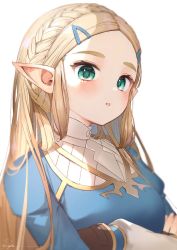 Rule 34 | 1girl, blonde hair, blouse, blue shirt, blurry, blush, braid, crossed arms, depth of field, green eyes, hair ornament, hairpin, highres, long hair, long sleeves, looking at viewer, nintendo, parted lips, pointy ears, princess zelda, ryota (ry o ta), shirt, signature, simple background, solo, the legend of zelda, the legend of zelda: breath of the wild, upper body, white background