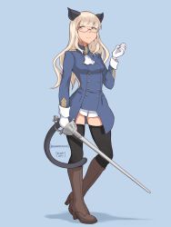 Rule 34 | 1girl, animal ears, black thighhighs, blonde hair, blue background, blush, bookmarkahead, boots, breasts, cat ears, cat tail, closed mouth, full body, glasses, gloves, highres, long hair, looking to the side, neckerchief, panties, perrine h. clostermann, rapier, simple background, small breasts, solo, standing, strike witches, sword, tail, thighhighs, underwear, weapon, white gloves, white neckerchief, white panties, world witches series, yellow eyes