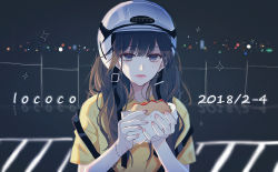Rule 34 | 1girl, artist name, backpack, bad id, bad pixiv id, bag, black hair, burger, closed mouth, earrings, fence, fingernails, food, heart, heart earrings, helmet, holding, holding food, jewelry, lipstick, lococo:p, long hair, looking at viewer, makeup, mole, mole under eye, motorcycle helmet, nail polish, night, night sky, original, outdoors, pink nails, purple eyes, shirt, short sleeves, sky, solo, upper body, yellow shirt