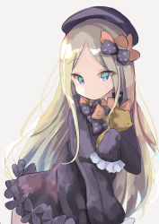 Rule 34 | 100081yazyu, 1girl, abigail williams (fate), bad id, bad pixiv id, black bow, black dress, black hat, blonde hair, blue eyes, bow, bug, butterfly, closed mouth, commentary, dress, fate/grand order, fate (series), forehead, grey background, hair bow, hat, highres, hugging object, insect, long hair, long sleeves, looking at viewer, orange bow, parted bangs, polka dot, polka dot bow, sleeves past fingers, sleeves past wrists, solo, stuffed animal, stuffed toy, teddy bear, very long hair