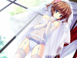 Rule 34 | 1girl, bare shoulders, blush, bow, bow panties, bra, bridal veil, bride, brown hair, chemise, choker, circus (studio), curtains, day, dress, dutch angle, elbow gloves, embarrassed, flower, game cg, garter straps, gloves, green eyes, hair flower, hair ornament, hair tie, hakuouin ayaka, hand on another&#039;s chin, hand on own chin, indoors, lace, lace-trimmed legwear, lace-trimmed panties, lace trim, lingerie, no pants, official art, panties, pink flower, pink rose, princess party, ribbon, rose, see-through, short hair, short twintails, sleeveless, solo, takano yuki (allegro mistic), teddy (lingerie), thighhighs, tiara, twintails, underwear, underwear only, veil, wavy hair, wedding, wedding dress, white bra, white flower, white gloves, white panties, white ribbon, white rose, white thighhighs, window