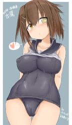 Rule 34 | 1girl, arms behind back, blue background, blush, breasts, brown eyes, brown hair, cameltoe, closed mouth, covered erect nipples, furutaka (kancolle), hair between eyes, hair ornament, hairclip, heart, heterochromia, highres, kantai collection, large breasts, looking at viewer, medium hair, okiraku nikku, one-hour drawing challenge, one-piece swimsuit, school swimsuit, school uniform, serafuku, short hair, simple background, solo, swimsuit, twitter username, yellow eyes