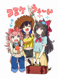 Rule 34 | 3girls, agnes digital (umamusume), animal ears, appleq, arm strap, arm up, backpack, bag, black shorts, blue eyes, blue shirt, bow, bracelet, brown hair, choker, commentary request, daiichi ruby (umamusume), daitaku helios (umamusume), denim, denim shorts, drill hair, ear ornament, fang, hat, highres, holding thermos, horse ears, horse girl, horse tail, jewelry, long hair, midriff, multiple girls, navel, necklace, pink eyes, pink hair, puffy short sleeves, puffy sleeves, red bow, ring, scrunchie, shirt, short sleeves, shorts, side drill, simple background, skirt, sparkle, straw hat, striped tank top, tail, tank top, thermos, umamusume, v, watch, white background, wrist scrunchie, wristwatch, yellow shirt, yellow skirt
