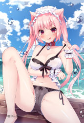 Rule 34 | 1girl, :q, animal ears, bare shoulders, barefoot, bikini, black bikini, blue sky, blush, bow, bow bikini, breasts, cat ears, cat girl, cat tail, cleavage, closed mouth, cloud, cloudy sky, collar, commentary request, copyright notice, day, fujikura ryuune, hand up, heart collar, horizon, knee up, long hair, medium breasts, navel, ocean, official art, original, outdoors, partially visible vulva, pink hair, pulling own clothes, red collar, red eyes, side-tie bikini bottom, sky, smile, solo, strap pull, swimsuit, tail, tongue, tongue out, twintails, v-shaped eyebrows, very long hair, water, water drop, wrist cuffs