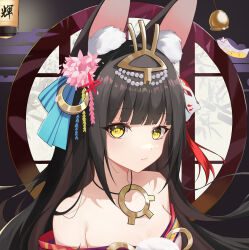 Rule 34 | 1girl, animal ear fluff, animal ears, azur lane, bare shoulders, black hair, blunt bangs, breasts, chinese commentary, closed mouth, commentary, crescent, crescent hair ornament, dot nose, flower, fox ears, fox girl, fox mask, hair flower, hair ornament, highres, japanese clothes, kimono, long hair, looking at viewer, mask, mask on head, nagato (azur lane), nagato (guardian fox&#039;s shining furisode) (azur lane), off shoulder, official alternate costume, slqnsdl, small breasts, solo, upper body, yellow eyes