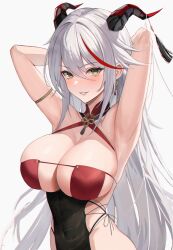 Rule 34 | 1girl, aegir (azur lane), aegir (golden dragon among auspicious clouds) (azur lane), armpits, arms up, azur lane, bare shoulders, bilei, blush, breasts, cleavage, earrings, grey hair, hair between eyes, highres, horn ornament, horns, jewelry, large breasts, long hair, multicolored hair, official alternate costume, parted lips, red hair, simple background, smile, solo, streaked hair, upper body, white background, yellow eyes