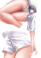Rule 34 | 1girl, absurdres, ahoge, ass, barefoot, blue archive, blush, breasts, collared shirt, green eyes, green halo, halo, highres, large breasts, multiple views, open mouth, panties, purple hair, saki (blue archive), shira jun, shirt, short hair, simple background, sleeves past fingers, sleeves past wrists, thighs, underwear, white background, white panties, white shirt