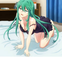 Rule 34 | 1girl, bed, bra, date a live, green eyes, green hair, long hair, natsumi (date a live), panties, screencap, stitched, third-party edit, underwear