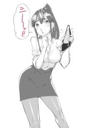 Rule 34 | 1girl, blush, finger to mouth, hair ornament, hairclip, highres, long hair, looking at viewer, miniskirt, monochrome, office lady, pantyhose, ponytail, shoes, unworn shoes, shushing, single shoe, skirt, steam, ushihashiru