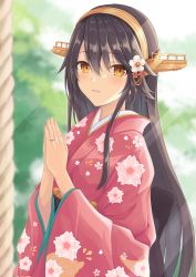 Rule 34 | 1girl, absurdres, black hair, blush, floral print, gensoukitan, hair between eyes, hairband, haruna (kancolle), hatsumoude, headgear, highres, japanese clothes, jewelry, kantai collection, kimono, long hair, long sleeves, new year, open mouth, print kimono, red kimono, ring, smile, solo, upper body, wedding band, wide sleeves, yellow eyes