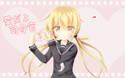 Rule 34 | 10s, 1girl, belt, blonde hair, child, crescent, heart, heart hands, kantai collection, long hair, looking at viewer, low twintails, necktie, pink background, satsuki (kancolle), school uniform, smile, solo, tentan (chioser), twintails, yellow eyes