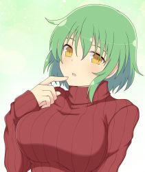 Rule 34 | 10s, 1girl, :o, blush, breasts, commentary request, finger to mouth, gradient background, green background, hair between eyes, hand up, head tilt, highres, hikage (senran kagura), ichiryuu tsumiki, large breasts, long sleeves, looking at viewer, open mouth, red sweater, senran kagura, short hair, slit pupils, solo, sweater, turtleneck, turtleneck sweater, upper body, yellow eyes