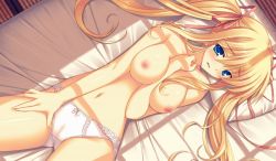 Rule 34 | 1girl, arm between breasts, between breasts, blonde hair, blue eyes, blush, bow, bow panties, breasts, from above, game cg, hair ribbon, himukai kyousuke, lieselotte schreiber, long hair, lying, navel, nipples, on back, on bed, open mouth, owari naki natsu towa naru shirabe, panties, panties only, pillow, ribbon, solo, topless, twintails, underwear, underwear only, wavy mouth, white panties, window shadow