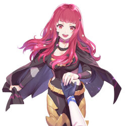 Rule 34 | 1girl, 1other, alear (fire emblem), ambiguous gender, belt, black bodysuit, black cape, bodysuit, cape, choker, clothing cutout, commentary request, fire emblem, fire emblem engage, hair ornament, heavelle, holding hands, jewelry, long hair, looking at viewer, nintendo, open mouth, out of frame, pink choker, pov, pov hands, red eyes, red hair, ring, simple background, smile, star (symbol), star hair ornament, teeth, upper teeth only, white background, yellow belt, yunaka (fire emblem)