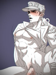 Rule 34 | abs, arms behind back, bad id, bad pixiv id, bara, blush, bound, bound arms, bracelet, chain, cowgirl position, dio brando, implied anal, jewelry, jojo no kimyou na bouken, kuujou joutarou, large pectorals, less end, long coat, male pubic hair, muscular, muscular male, pectorals, penis, pubic hair, sex, spot color, spread legs, stardust crusaders, straddling, sweat, yaoi
