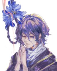 Rule 34 | 1boy, blue flower, blue hair, chinese commentary, closed eyes, closed mouth, commentary request, dated, flower, hair between eyes, highres, lips, male focus, noose, own hands together, saibou shinkyoku, sanweizi, shirt, simple background, solo, utsugi noriyuki, white background, white shirt
