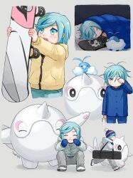 Rule 34 | 1boy, aged down, beanie, blue headwear, blue mittens, blue pants, blue shirt, blush, cetoddle, commentary request, creatures (company), game freak, gen 3 pokemon, green eyes, green hair, grey pants, grusha (pokemon), hat, highres, holding, holding snowboard, jacket, long sleeves, male focus, mittens, multiple views, nintendo, pants, pokemon, pokemon (creature), pokemon sv, rubbing eyes, shirt, shoes, short hair, signature, snowboard, squatting, swablu, swept bangs, under covers, yellow jacket, yuu (hguy sv), zipper pull tab