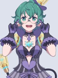 Rule 34 | 1girl, :d, black gloves, breasts, collarbone, commentary request, glasses, gloves, green eyes, green hair, grey background, hair between eyes, hands up, hinoyama kou, light bulb, looking at viewer, open mouth, pandoria (xenoblade), pointy ears, round eyewear, short hair, simple background, small breasts, smile, solo, striped, tilted headwear, vertical stripes, xenoblade chronicles (series), xenoblade chronicles 2