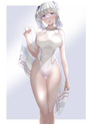 Rule 34 | 1girl, blunt bangs, breasts, commentary request, competition swimsuit, grey hair, highleg, highleg swimsuit, large breasts, mashinatsu, one-piece swimsuit, original, purple eyes, solo, swimsuit, towel, twintails, wet, wet clothes, wet swimsuit