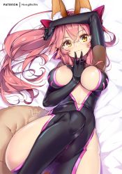 Rule 34 | 1girl, animal ear fluff, animal ears, arm between breasts, arm up, between breasts, black bodysuit, blush, bodysuit, bow, breasts, center opening, choker, cleavage, closed mouth, collarbone, fate/grand order, fate (series), fingers to chin, fox ears, fox tail, glasses, hair between eyes, hair bow, hand on own chin, hip focus, hip vent, hong (white spider), koyanskaya (assassin) (first ascension) (fate), koyanskaya (fate), large breasts, leg up, long hair, looking at viewer, lying, navel, on back, pink hair, sidelocks, signature, smile, solo, tail, tamamo (fate), thighs, yellow eyes
