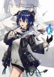 Rule 34 | 1girl, :p, arknights, asymmetrical gloves, black gloves, black jacket, black shorts, blue eyes, blue fire, blue hair, blue tongue, blush, closed mouth, colored tongue, cowboy shot, detached wings, fire, fur-trimmed jacket, fur trim, gloves, grey shirt, hair between eyes, halo, highres, horns, jacket, long sleeves, looking at viewer, mismatched gloves, mostima (arknights), open clothes, open jacket, pouch, shirt, short hair, short shorts, shorts, smile, solo, tail, thighs, thumb to mouth, tongue, tongue out, white background, white gloves, wings, yuuki mix, zoom layer