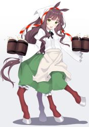 Rule 34 | 1girl, :d, animal ears, apron, beer mug, black ribbon, blush, brooch, brown hair, centaur, collared shirt, commentary request, cup, foam, full body, gradient background, green eyes, green skirt, grey apron, grey background, head scarf, highres, holding, holding cup, horse ears, horse girl, horse tail, jewelry, kiyomin, long hair, long sleeves, looking at viewer, monster girl, mug, neck ribbon, open mouth, original, ribbon, round teeth, shadow, shirt, skirt, smile, solo, tail, taur, teeth, upper teeth only, very long hair, waist apron, white background, white shirt, wide sleeves
