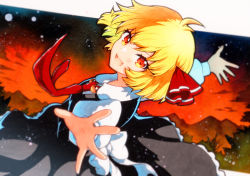 Rule 34 | black skirt, black vest, blonde hair, collared shirt, fang, frilled skirt, frills, highres, long sleeves, medium hair, necktie, outstretched arms, qqqrinkappp, red eyes, red necktie, rumia, shirt, skirt, skirt set, spread arms, touhou, traditional media, vest, white shirt