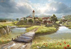 Rule 34 | artist name, blunell (artist), bridge, building, cloud, commentary, english commentary, european architecture, flower, grass, highres, landscape, nature, original, outdoors, path, red flower, river, road, signature, sky, tree, village, water, watermark, white flower, windmill