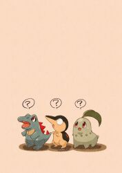 Rule 34 | :o, ?, brown background, chikorita, constricted pupils, creatures (company), crocodilian, cyndaquil, full body, game freak, gen 2 pokemon, highres, looking up, nintendo, no humans, open mouth, pokemon, pokemon (creature), red eyes, shadow, simple background, spoken question mark, standing, starter pokemon trio, totodile, twitter username, wide-eyed, zozozoshion
