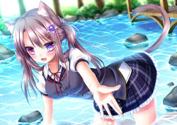 Rule 34 | 1girl, :d, all fours, animal ears, blush, brown hair, cat ears, cat tail, fang, flower, hair flower, hair ornament, heterochromia, open mouth, original, partially submerged, pink eyes, plaid, plaid skirt, purple eyes, school uniform, shitou, skirt, smile, solo, standing, tail, twintails, wading, water