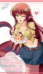 Rule 34 | 10s, 1girl, 2015, ;d, amamiya sora, breasts, butter-t, cake, cleavage, collarbone, fang, food, hair ornament, hairclip, happy birthday, heart, lamia, long hair, miia (monster musume), monster girl, monster musume no iru nichijou, navel, one eye closed, open mouth, pointy ears, red hair, scales, shirt, signature, slit pupils, smile, solo, spoken heart, tied shirt, yellow eyes