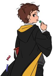 Rule 34 | 1boy, black eyes, book, brown hair, candy, cloak, food, freckles, from behind, harry potter (series), hogwarts school uniform, holding, holding book, holding candy, holding food, holding lollipop, hood, hood down, hooded cloak, hufflepuff, lollipop, long sleeves, looking back, male focus, school uniform, scott malkinson, short hair, solo, ten (lu2948d), tongue, tongue out, wizarding world, wrapped candy