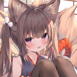 Rule 34 | 1girl, amagi-chan (azur lane), animal ears, azur lane, bare shoulders, black pantyhose, blush, brown hair, chen bin, chinese commentary, close-up, collarbone, commentary request, flat chest, fox ears, fox girl, fox tail, japanese clothes, kimono, kitsune, knees up, kyuubi, legs together, looking at viewer, multiple tails, open mouth, pantyhose, purple eyes, sidelocks, sitting, sleeveless, sleeveless kimono, smile, solo, tail, thick eyebrows, twintails, upper body